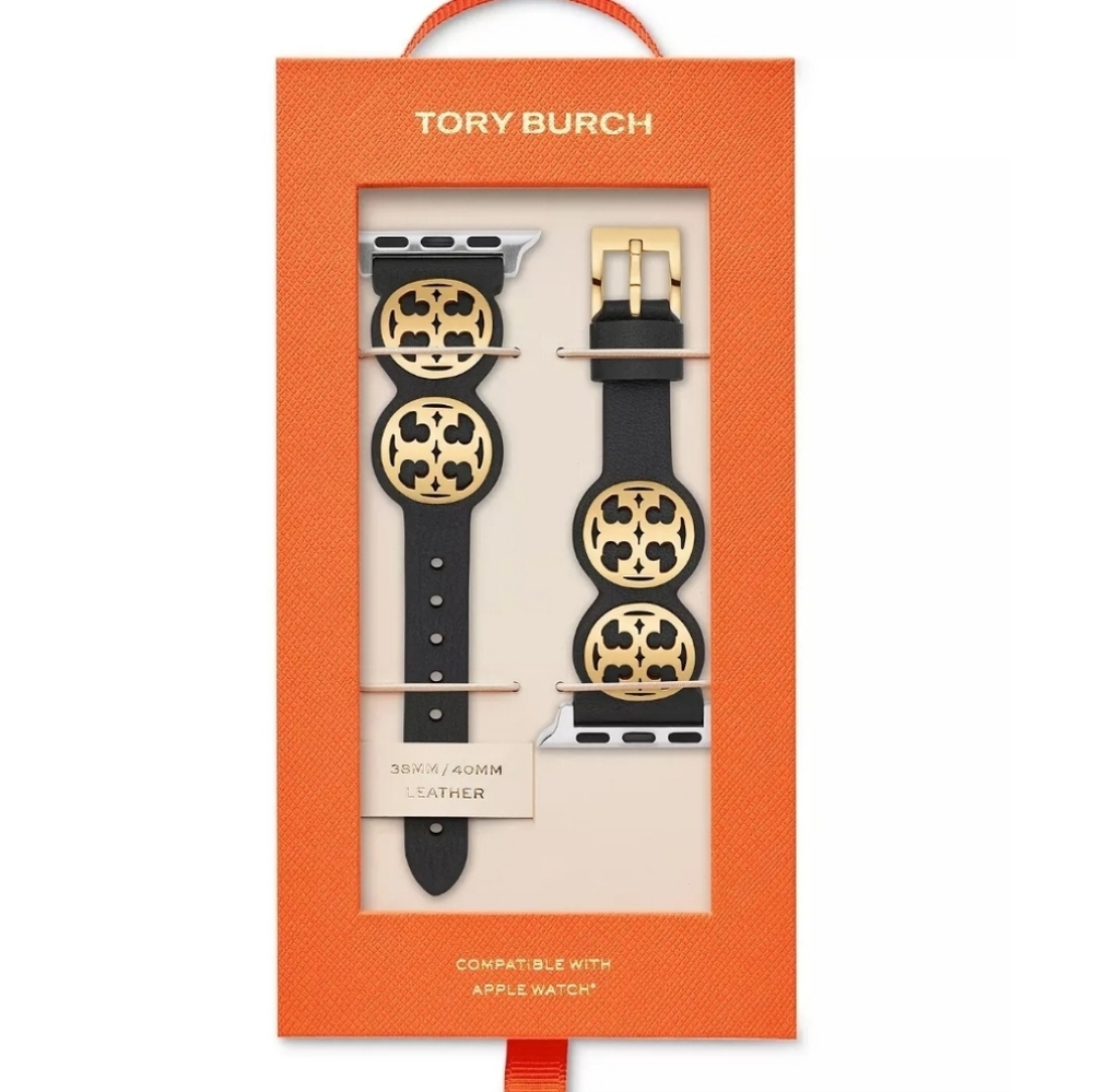 Tory Burch Miller Logo Stud Black Leather Apple Watch Band Strap 38mm 40mm